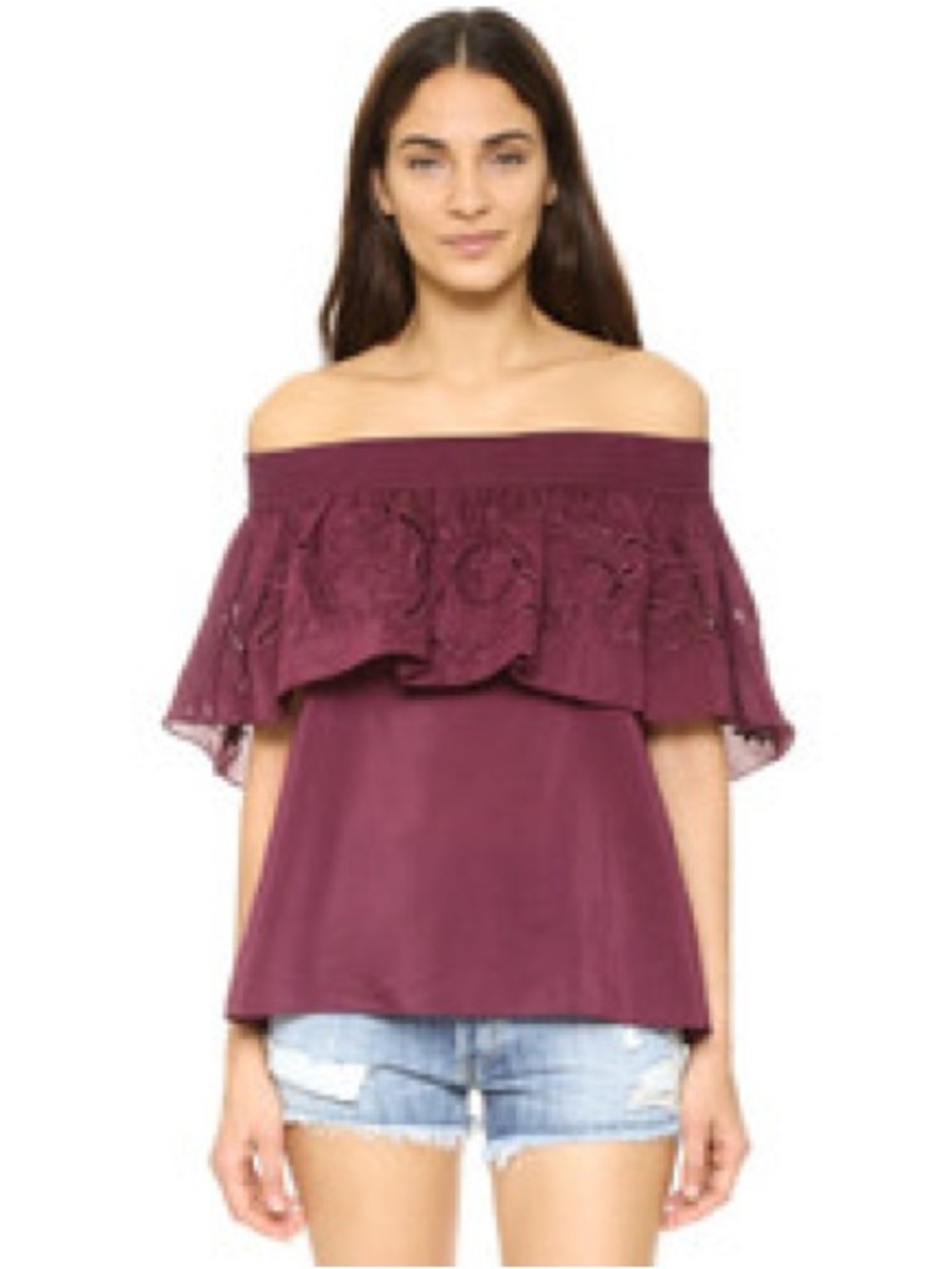 Tibi Burgundy Ruffle Off Shoulder Tops for Women